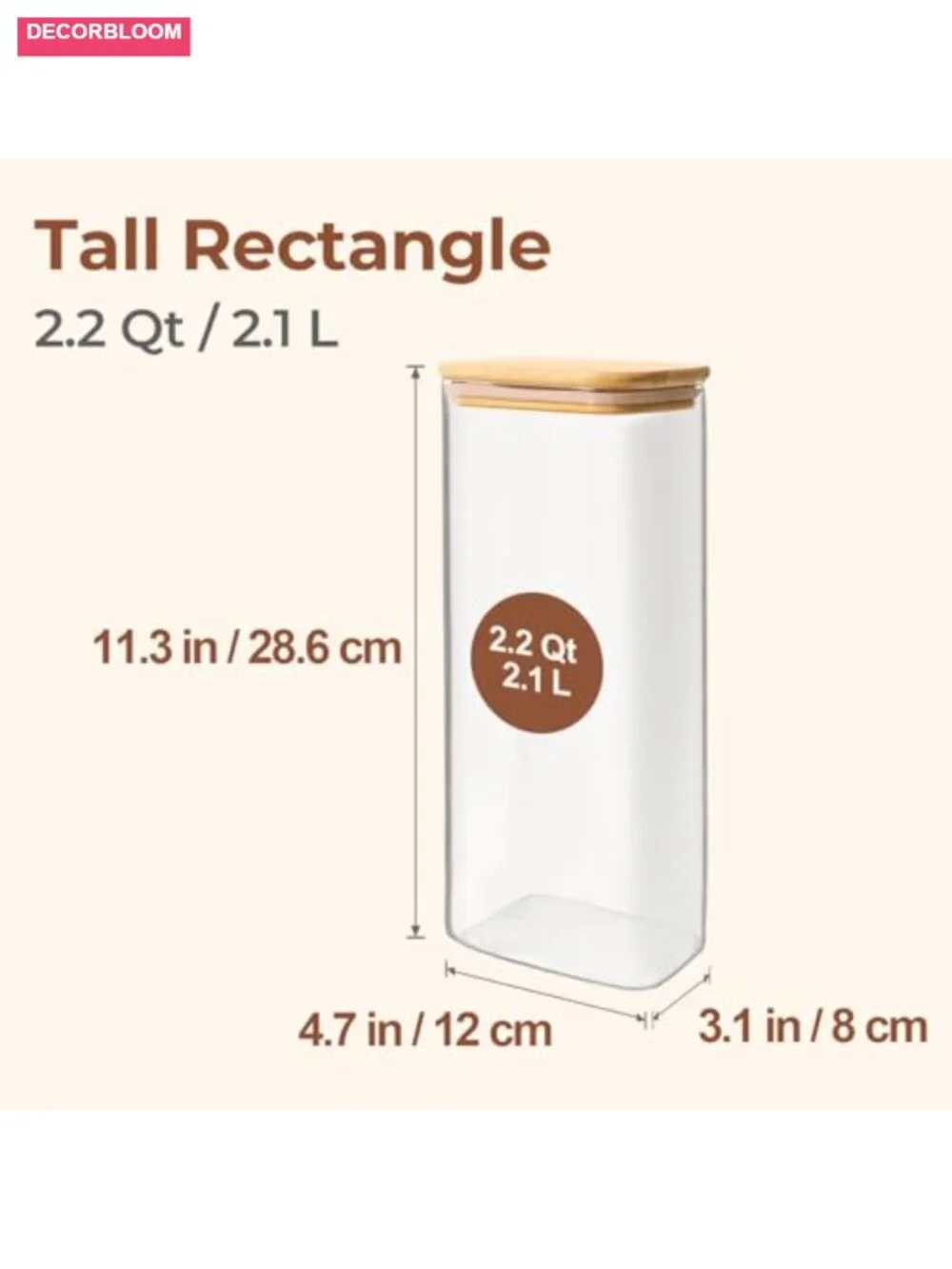 2.2 Qt Rectangle Glass Storage Containers with Bamboo Lids 3Pc